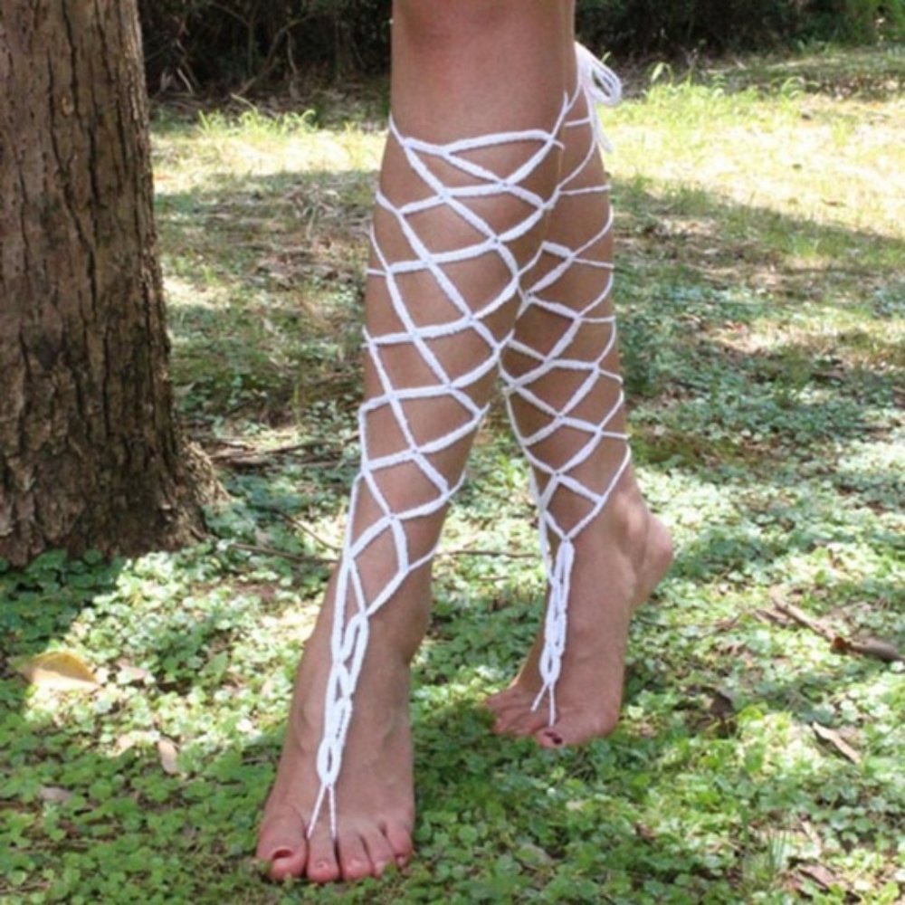 White Handmade Crochet Barefoot Gladiator Sandals - Picture 2 of 6